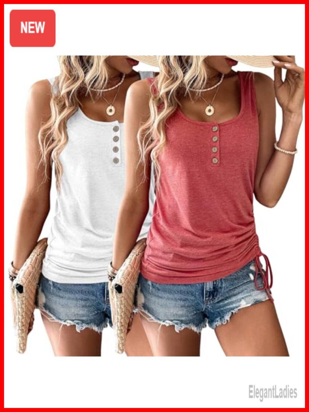 2 Pack Tank Tops for Women Sleeveless Loose Henley Shirts Button Drawstring